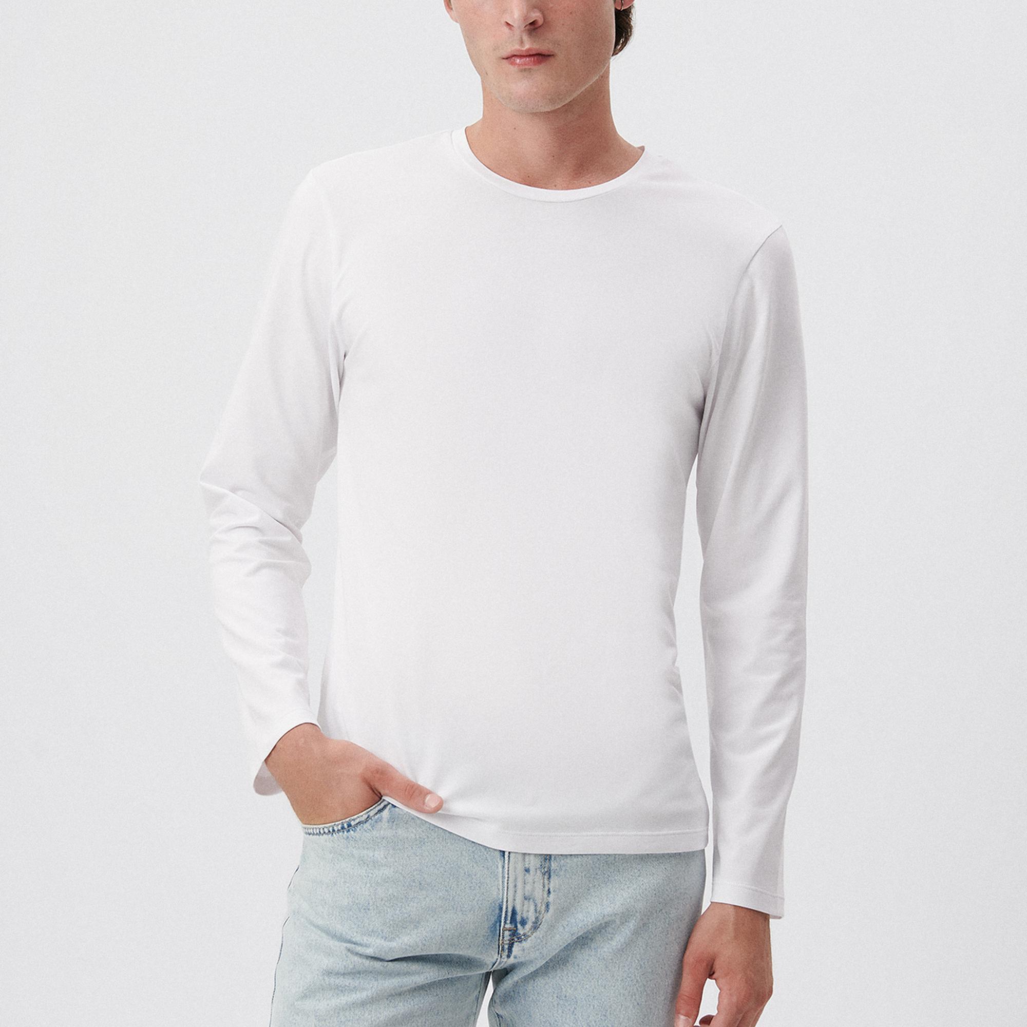 Mavi Uzun Kollu Beyaz Basic Tişört Fitted / Vücuda Oturan Kesim 062477-23248