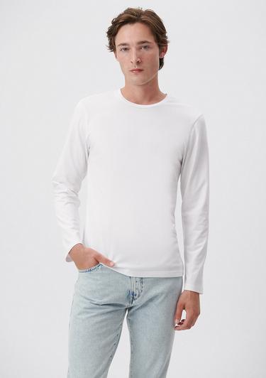  Mavi Uzun Kollu Beyaz Basic Tişört Fitted / Vücuda Oturan Kesim 062477-23248