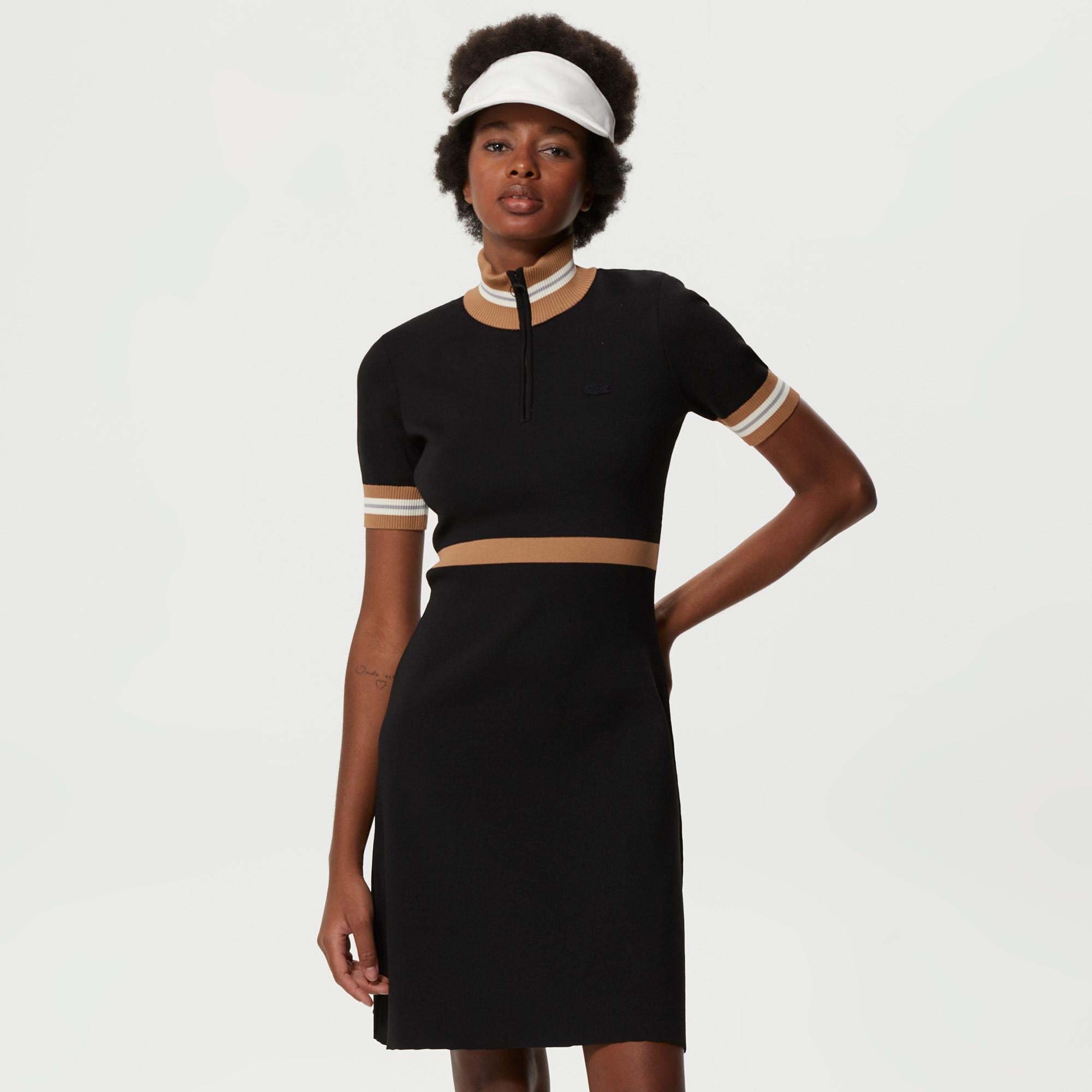 Kadın Flare Fit Kısa Kollu Dik Yaka Siyah Elbise