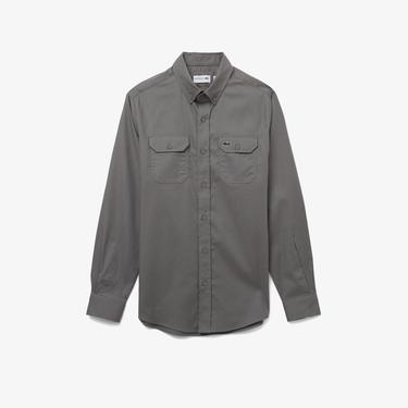  Erkek Slim Fit Düğmeli Yaka Koyu Gri Gömlek