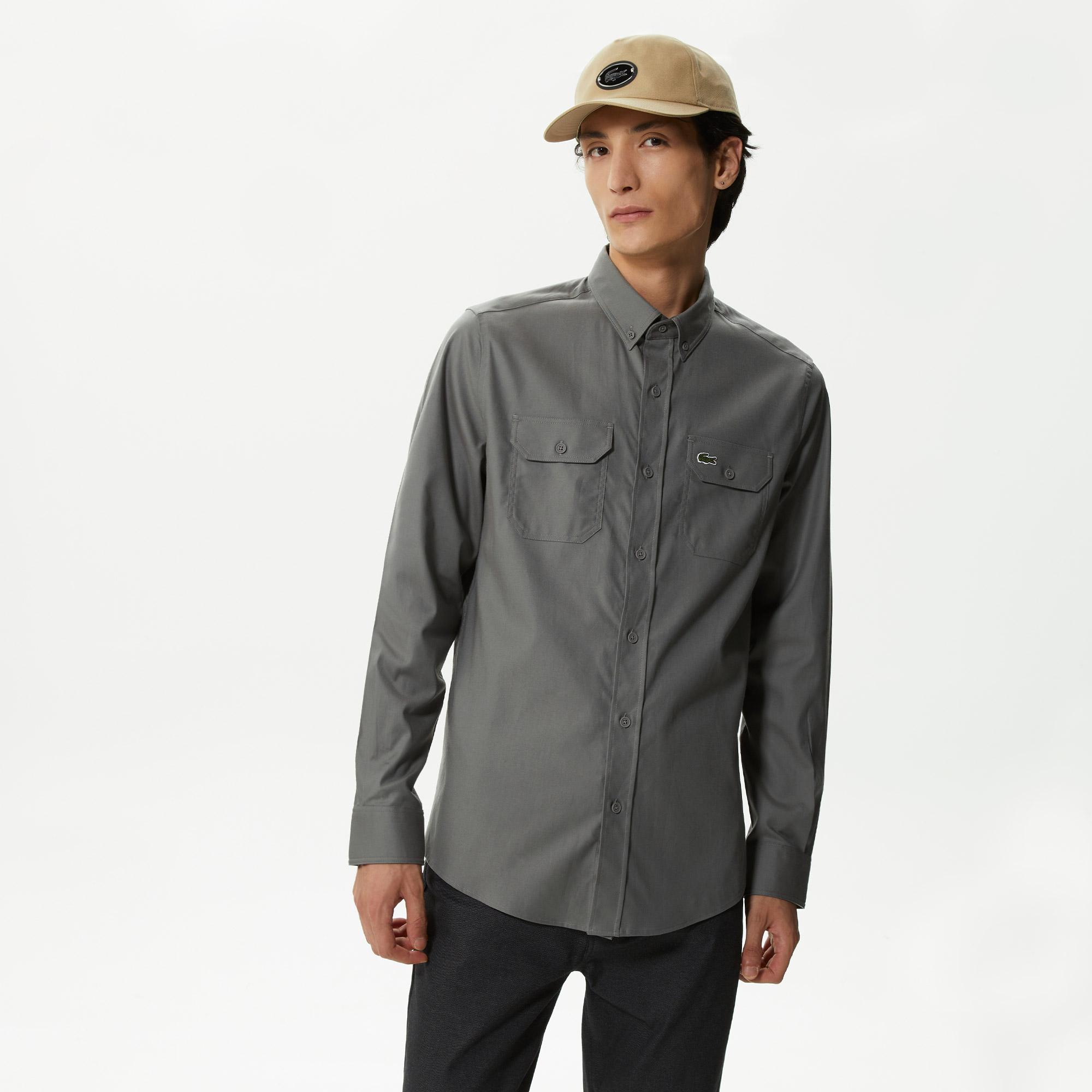 Erkek Slim Fit Düğmeli Yaka Koyu Gri Gömlek