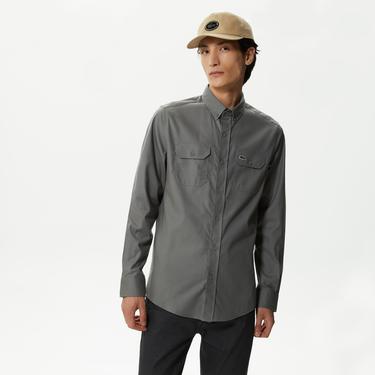  Erkek Slim Fit Düğmeli Yaka Koyu Gri Gömlek