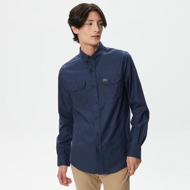  Erkek Slim Fit Düğmeli Yaka Lacivert Gömlek