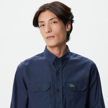  Erkek Slim Fit Düğmeli Yaka Lacivert Gömlek