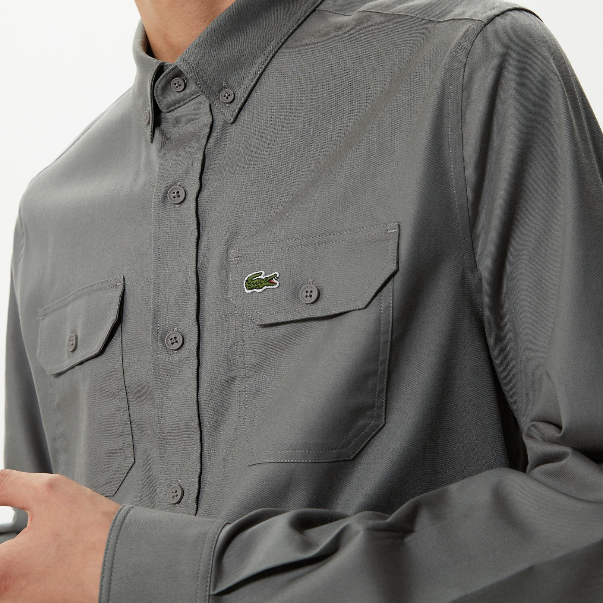 Erkek Slim Fit Düğmeli Yaka Koyu Gri Gömlek