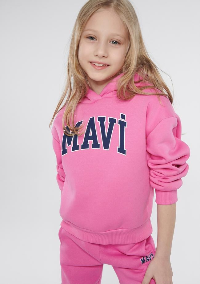  Mavi Mavi Logo Baskılı Kapüşonlu Pembe Sweatshirt 7610035-70982