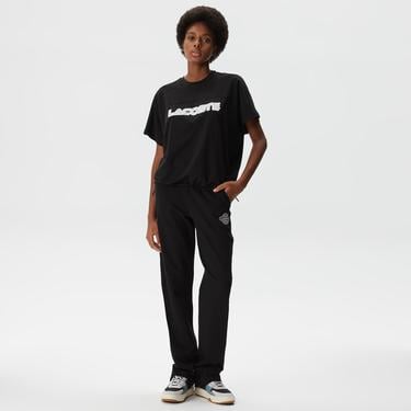  Kadın Loose Fit Bisiklet Yaka Baskılı Siyah T-Shirt