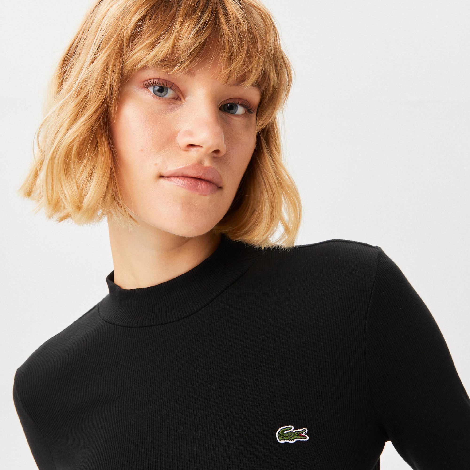 Lacoste Kadın Slim Fit Uzun Kollu Bisiklet Yaka Siyah T-Shirt