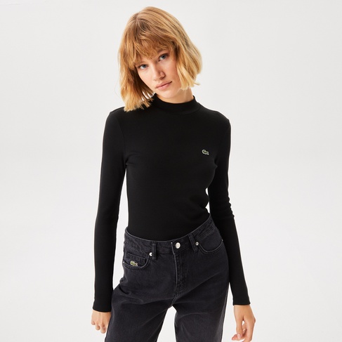  Lacoste Kadın Slim Fit Uzun Kollu Bisiklet Yaka Siyah T-Shirt