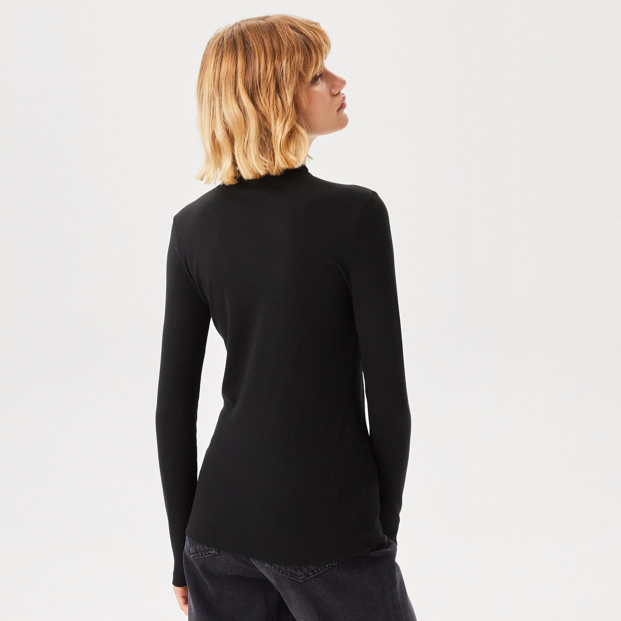 Lacoste Kadın Slim Fit Uzun Kollu Bisiklet Yaka Siyah T-Shirt