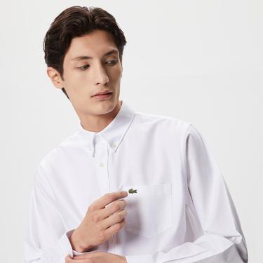  Erkek Regular Fit Düğmeli Yaka Organik Pamuk Beyaz Gömlek