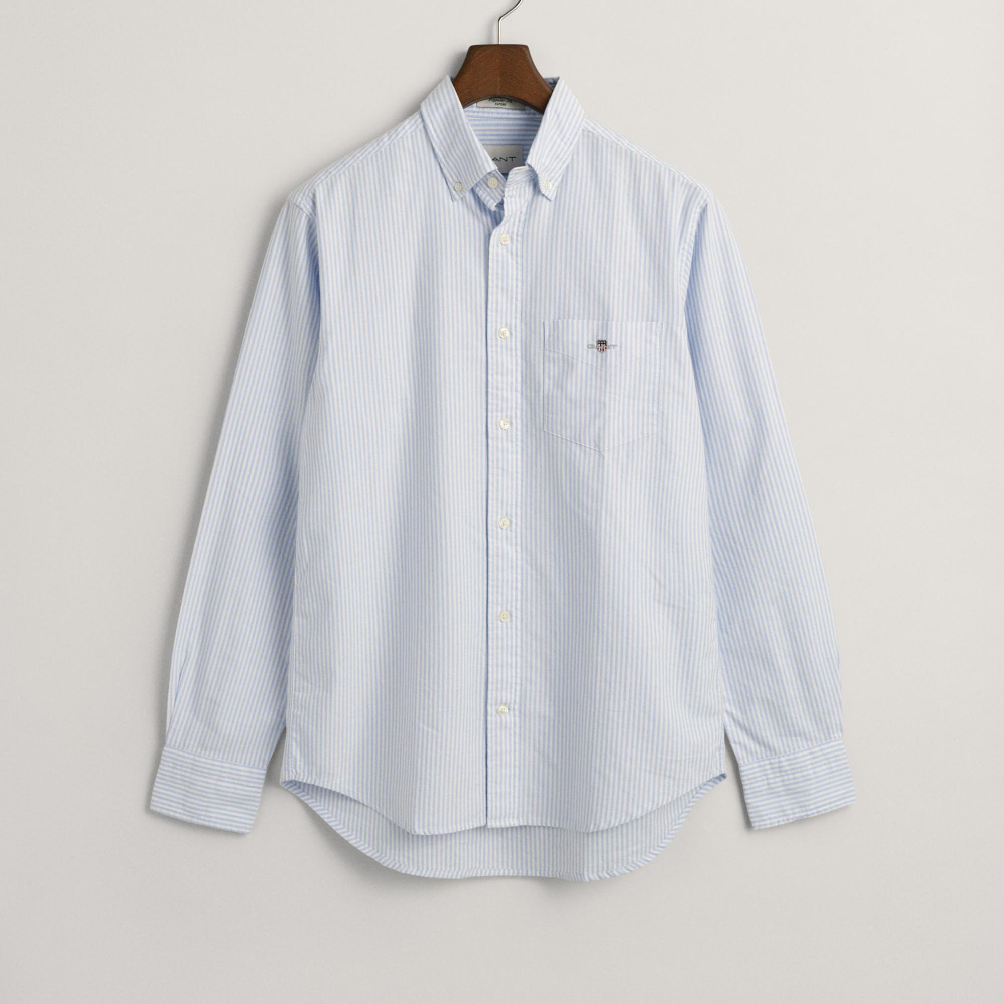 GANT Erkek Mavi Regular Fit Düğmeli Yaka Çizgili Oxford Gömlek
