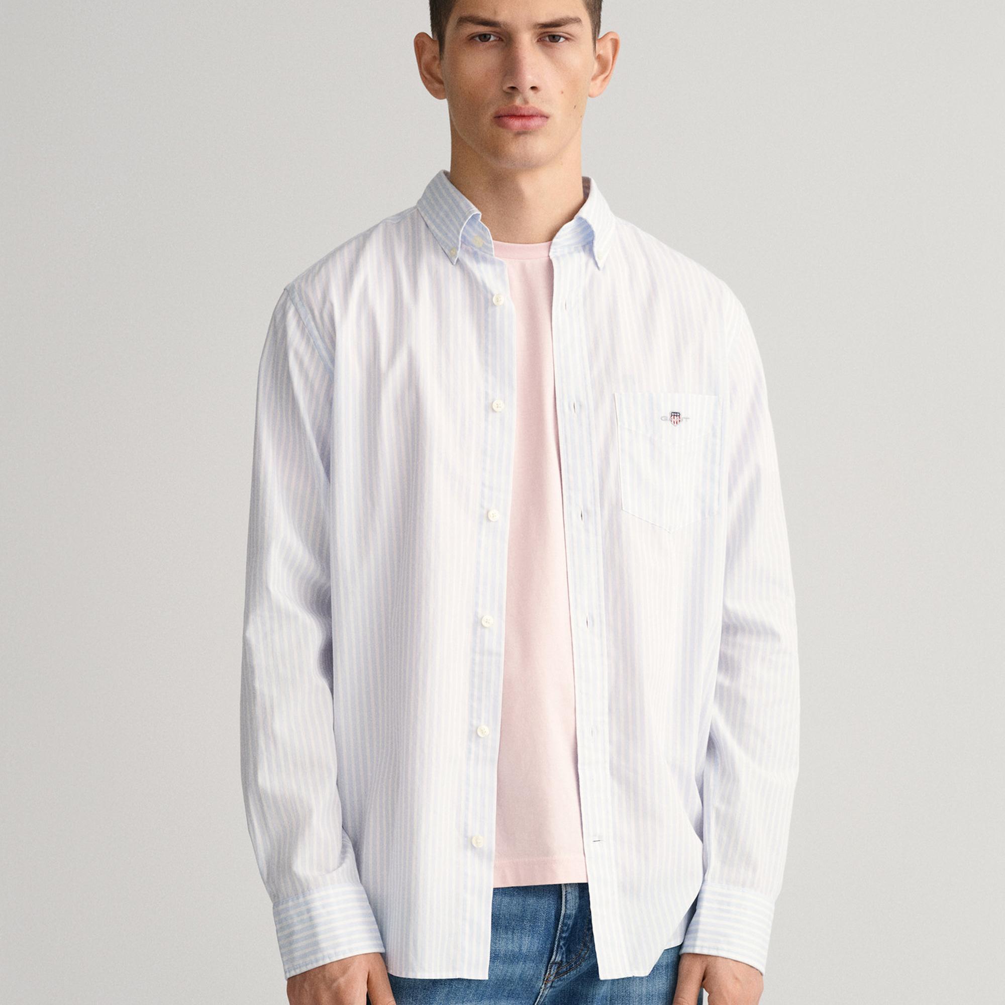 GANT Erkek Mavi Regular Fit Düğmeli Yaka Çizgili Poplin Gömlek