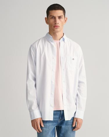  GANT Erkek Mavi Regular Fit Düğmeli Yaka Çizgili Poplin Gömlek