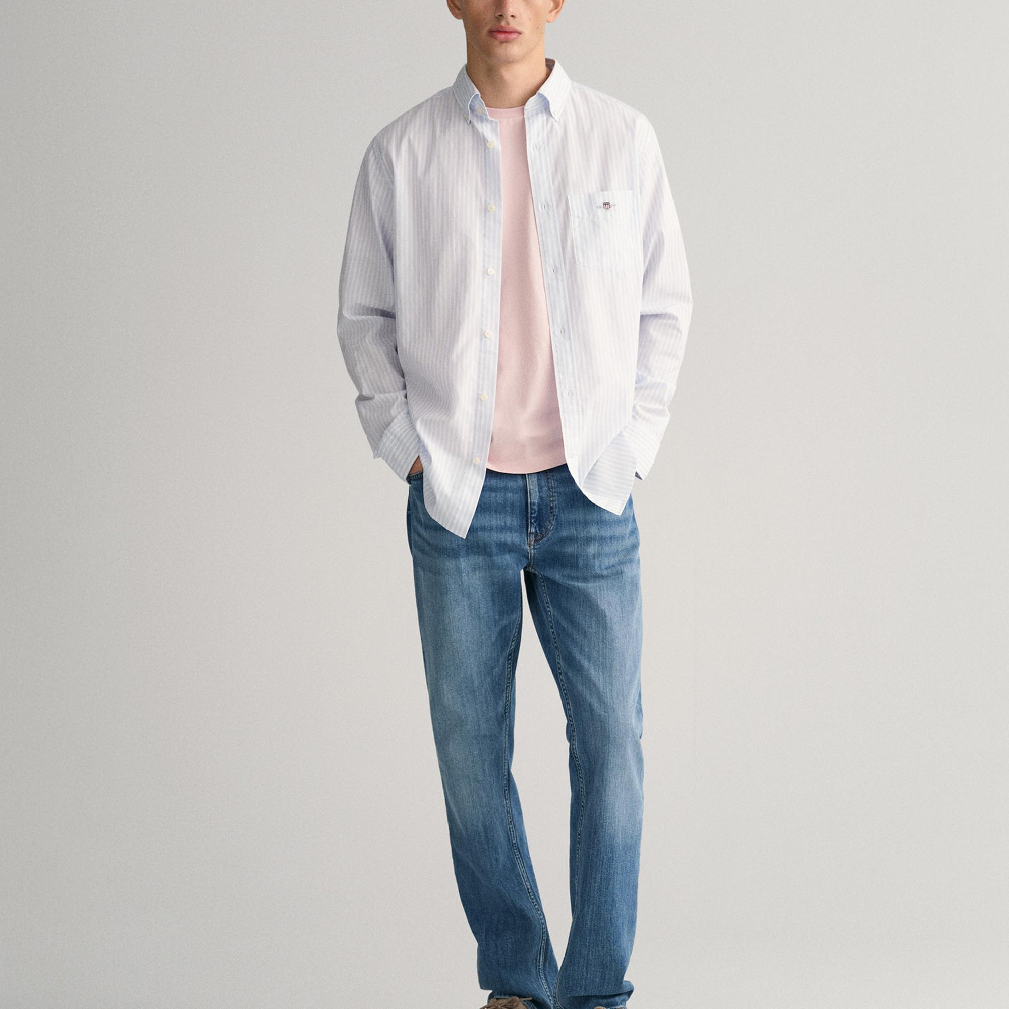 GANT Erkek Mavi Regular Fit Düğmeli Yaka Çizgili Poplin Gömlek