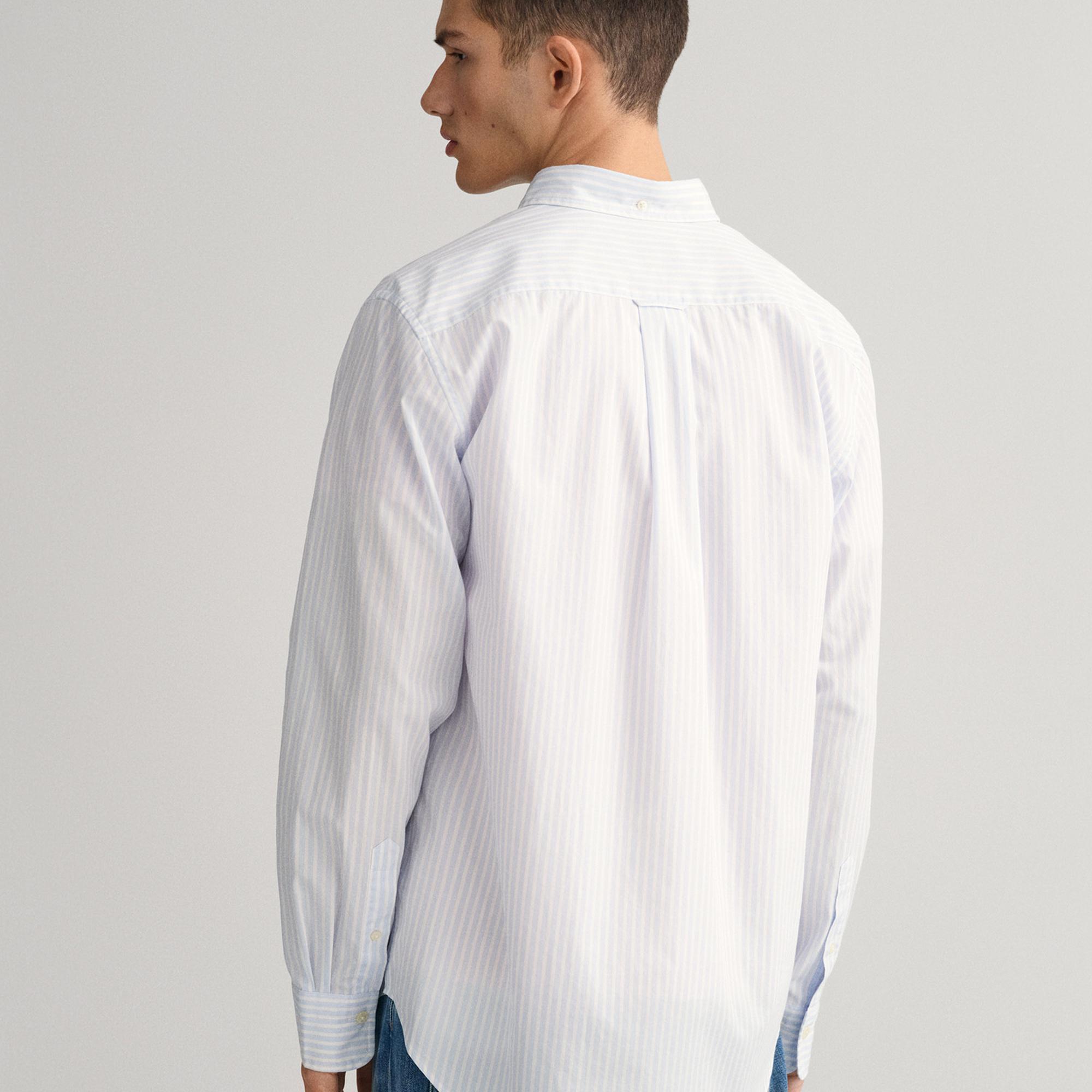 GANT Erkek Mavi Regular Fit Düğmeli Yaka Çizgili Poplin Gömlek