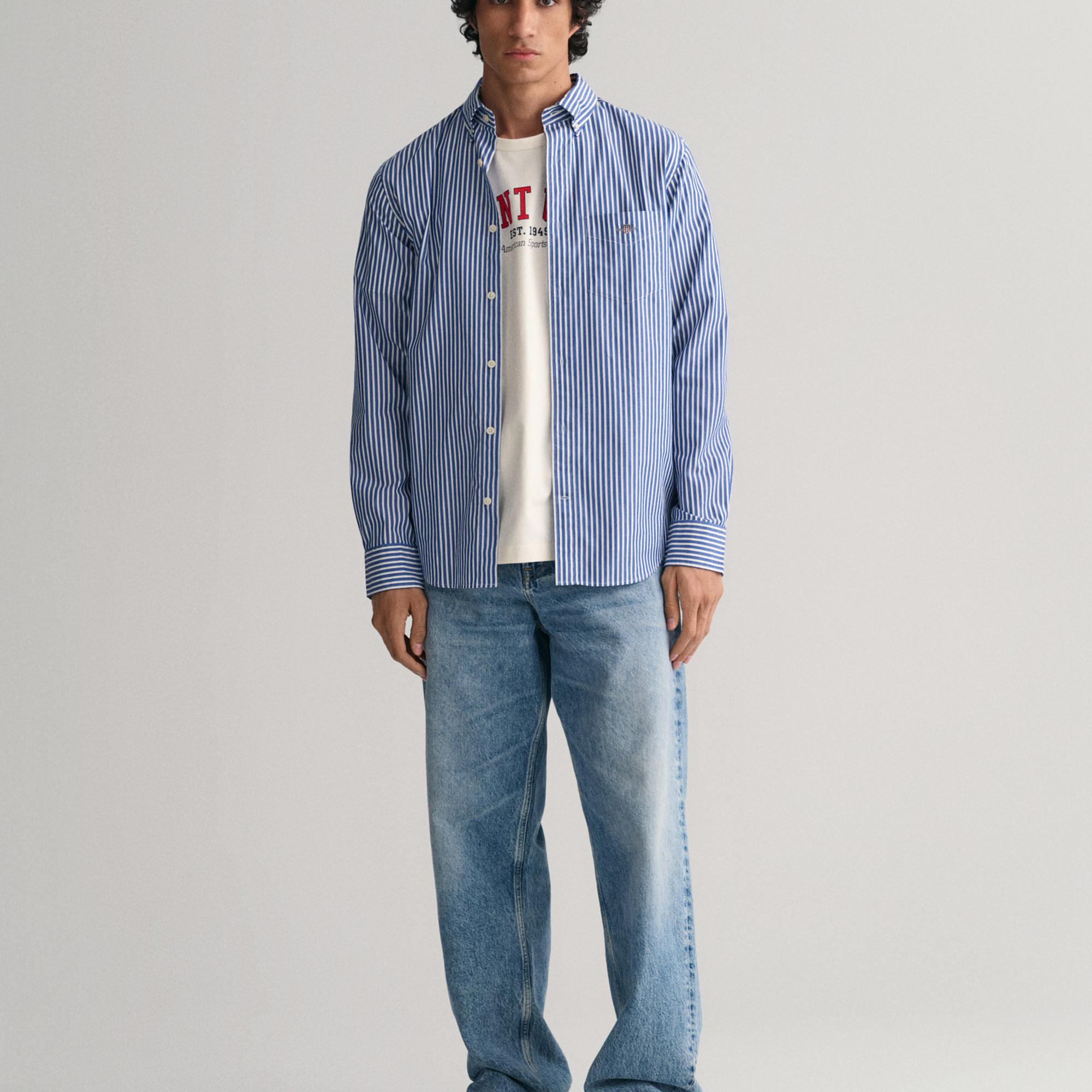 GANT Erkek Mavi Regular Fit Düğmeli Yaka Çizgili Poplin Gömlek