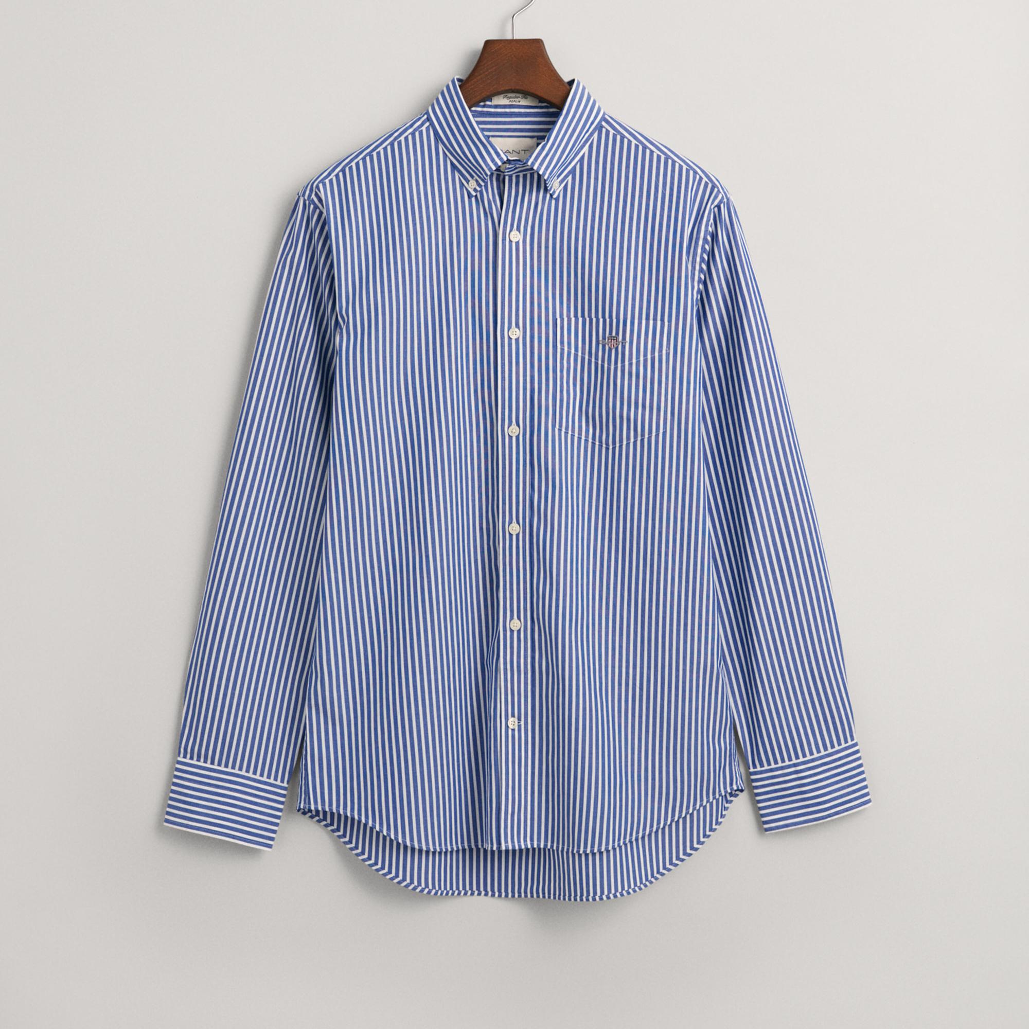 GANT Erkek Mavi Regular Fit Düğmeli Yaka Çizgili Poplin Gömlek
