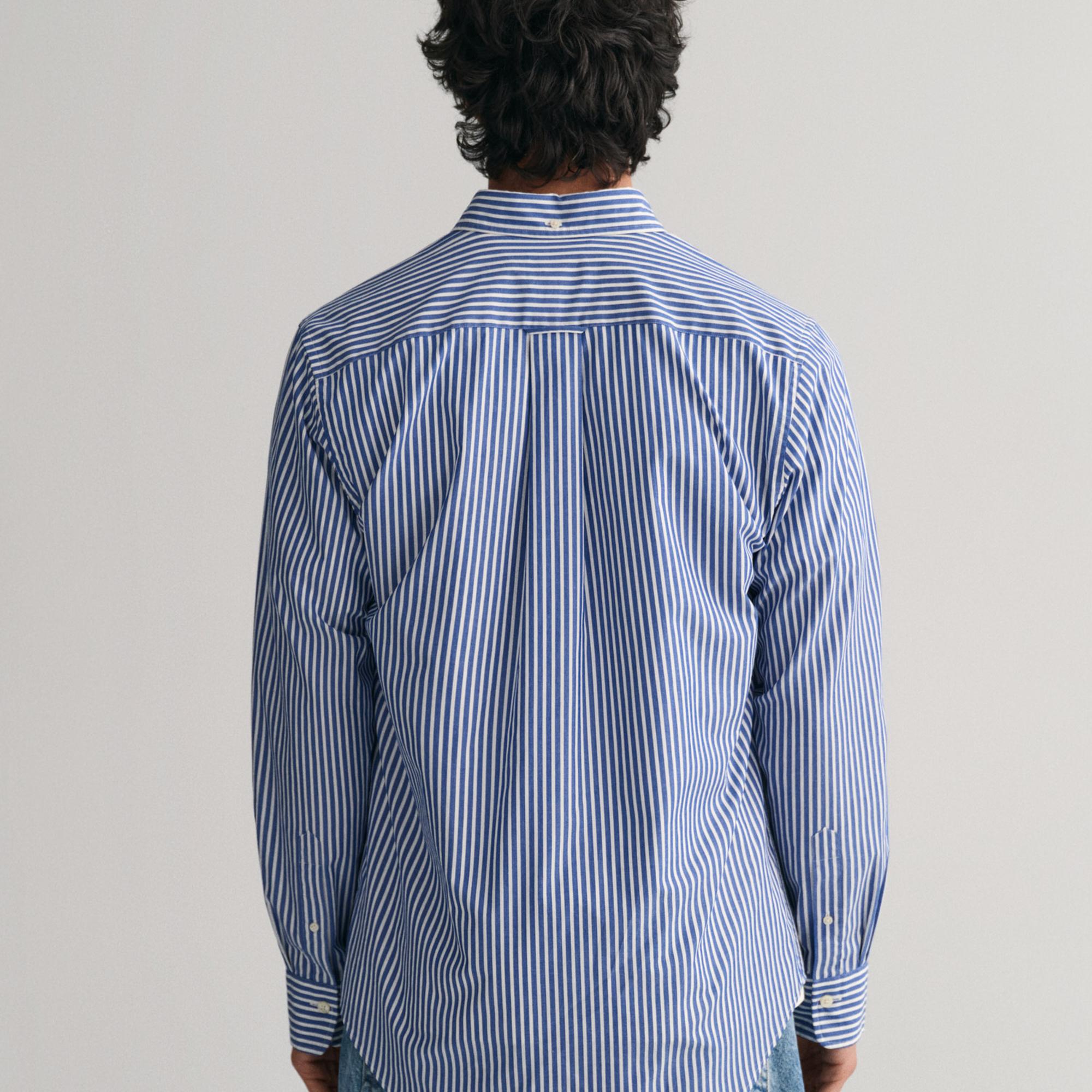 GANT Erkek Mavi Regular Fit Düğmeli Yaka Çizgili Poplin Gömlek