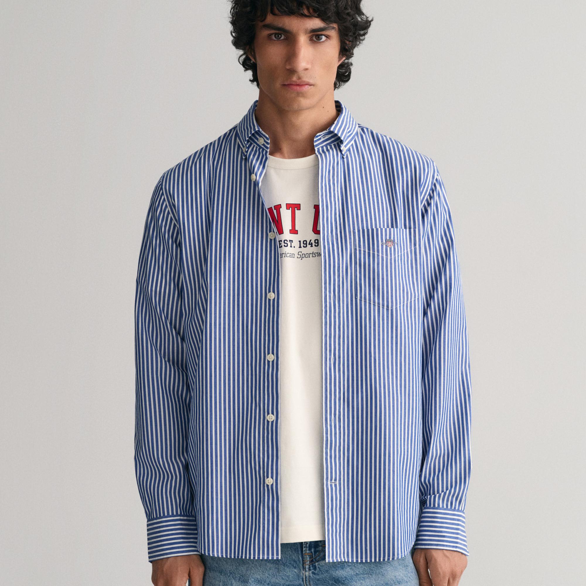 GANT Erkek Mavi Regular Fit Düğmeli Yaka Çizgili Poplin Gömlek