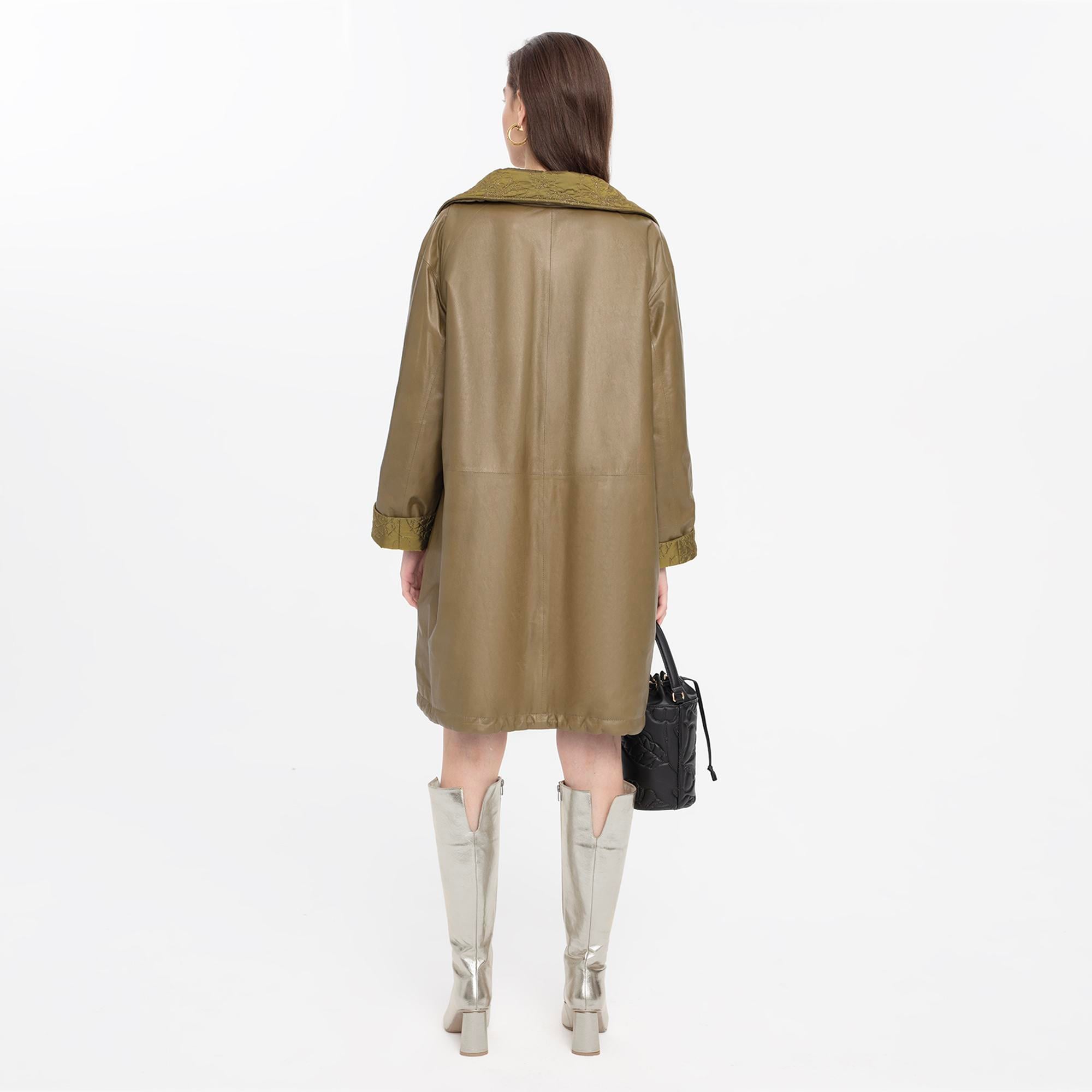 Azia Haki Kadın Çift Taraflı Deri Trençkot