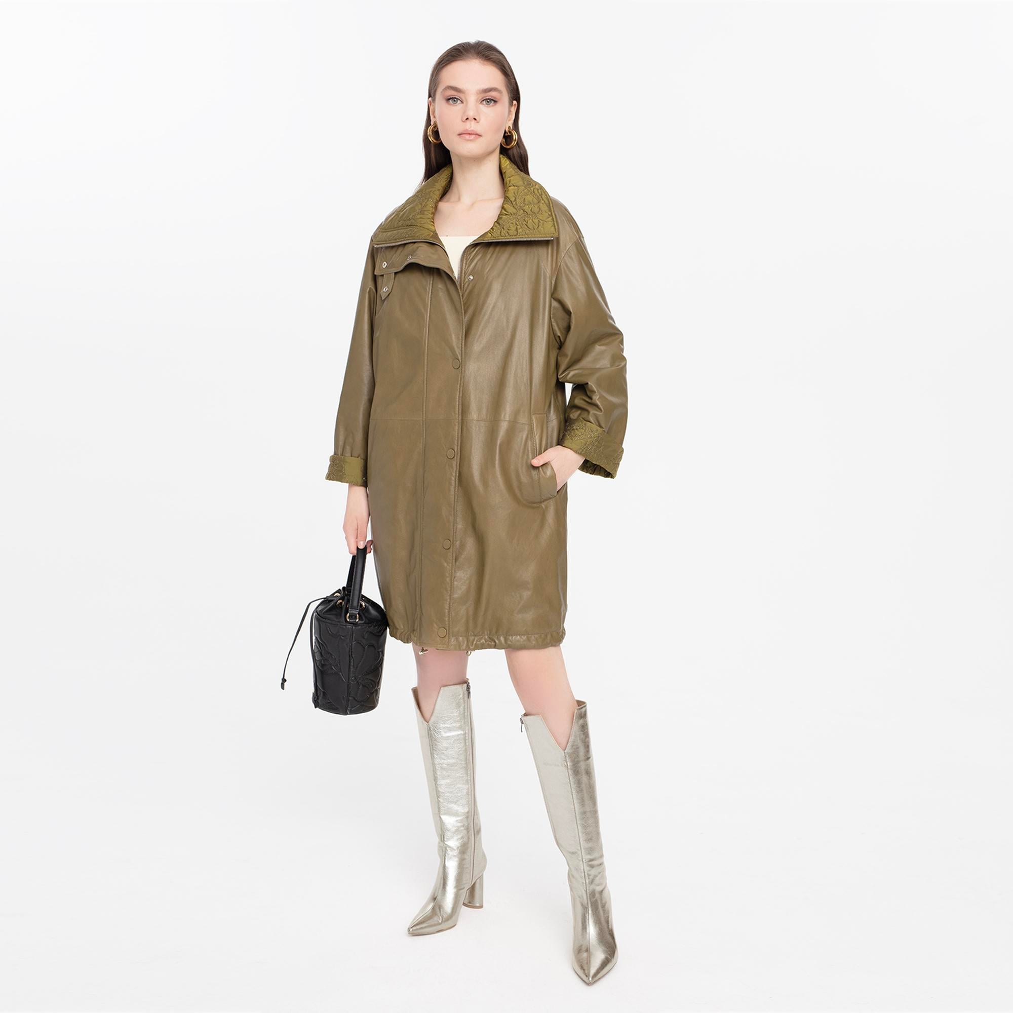 Azia Haki Kadın Çift Taraflı Deri Trençkot