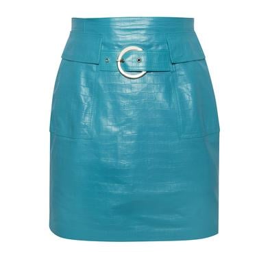  Gulielma Turkuaz Kadın Kroko Baskılı Deri Mini Etek
