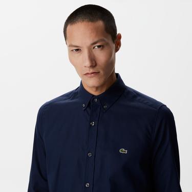  Erkek Slim Fit Düğmeli Yaka Lacivert Gömlek