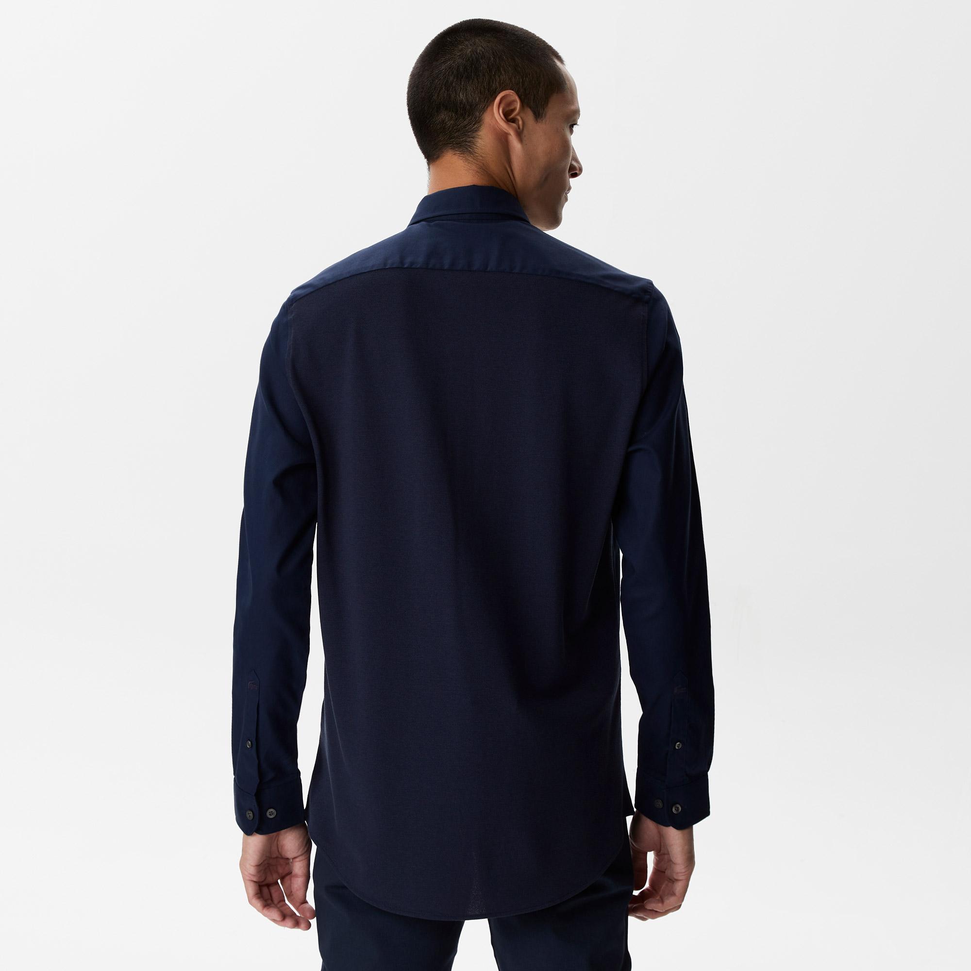 Erkek Slim Fit Düğmeli Yaka Lacivert Gömlek