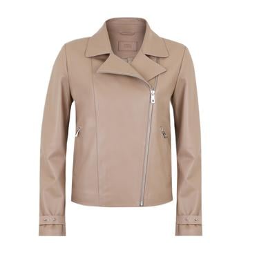  Ayunli Bej Kadın Biker Deri Ceket