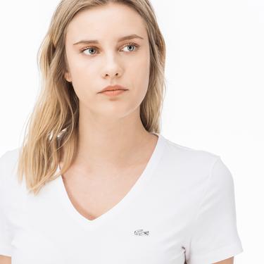  Lacoste Kadın Slim Fit V Yaka Beyaz T-Shirt