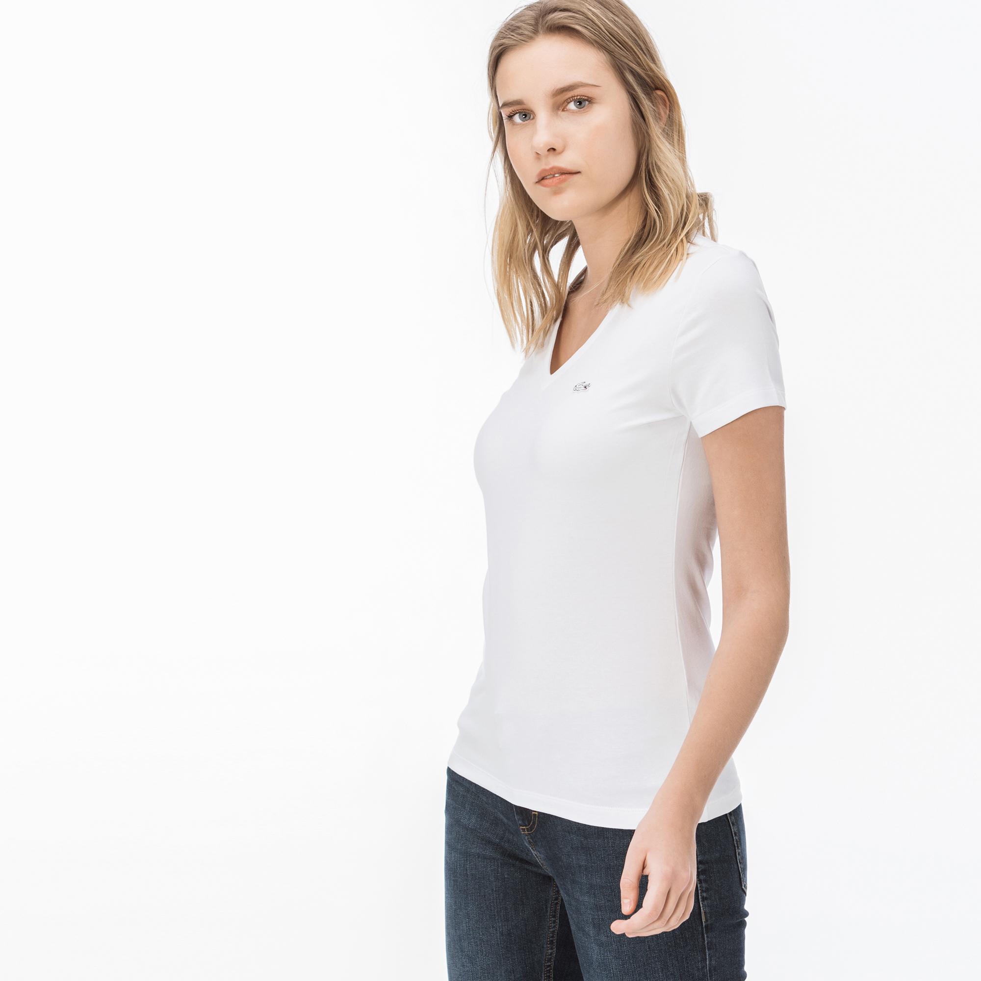 Lacoste Kadın Slim Fit V Yaka Beyaz T-Shirt