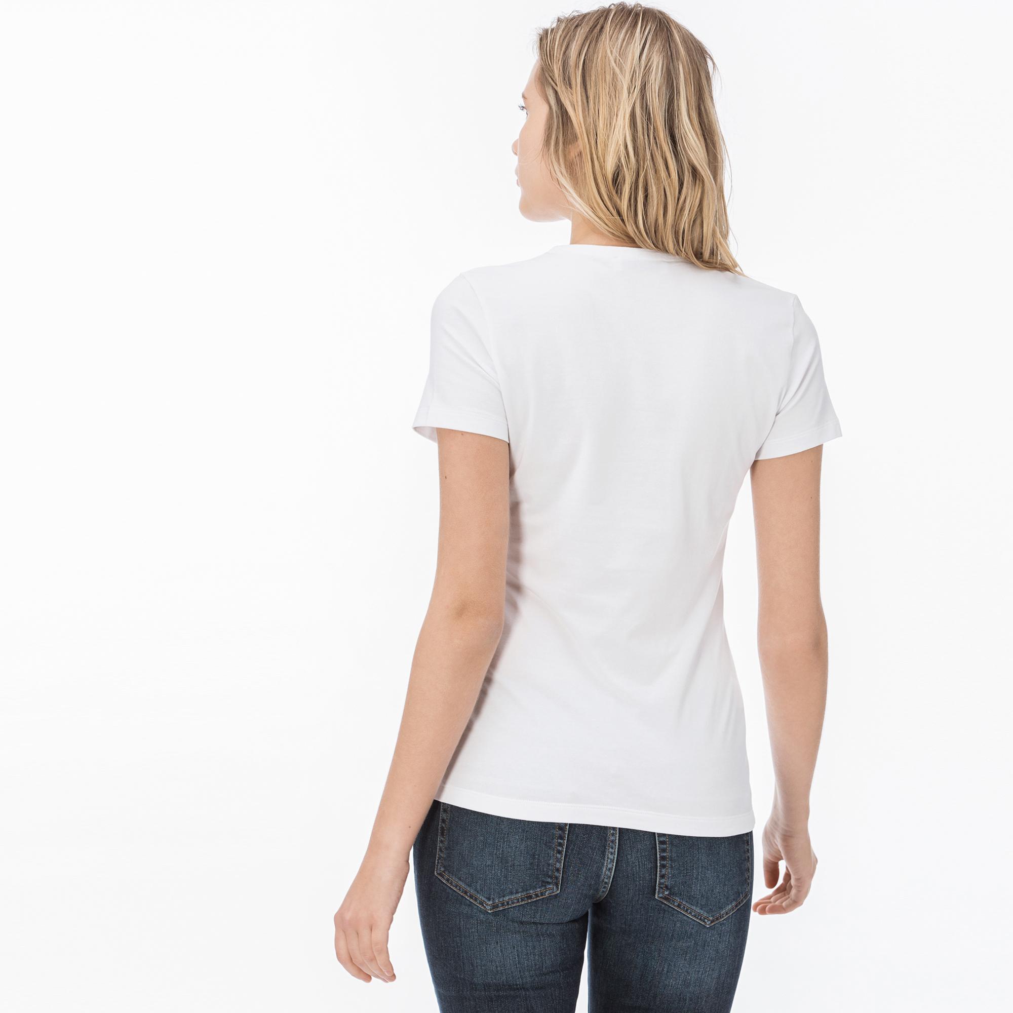 Lacoste Kadın Slim Fit V Yaka Beyaz T-Shirt