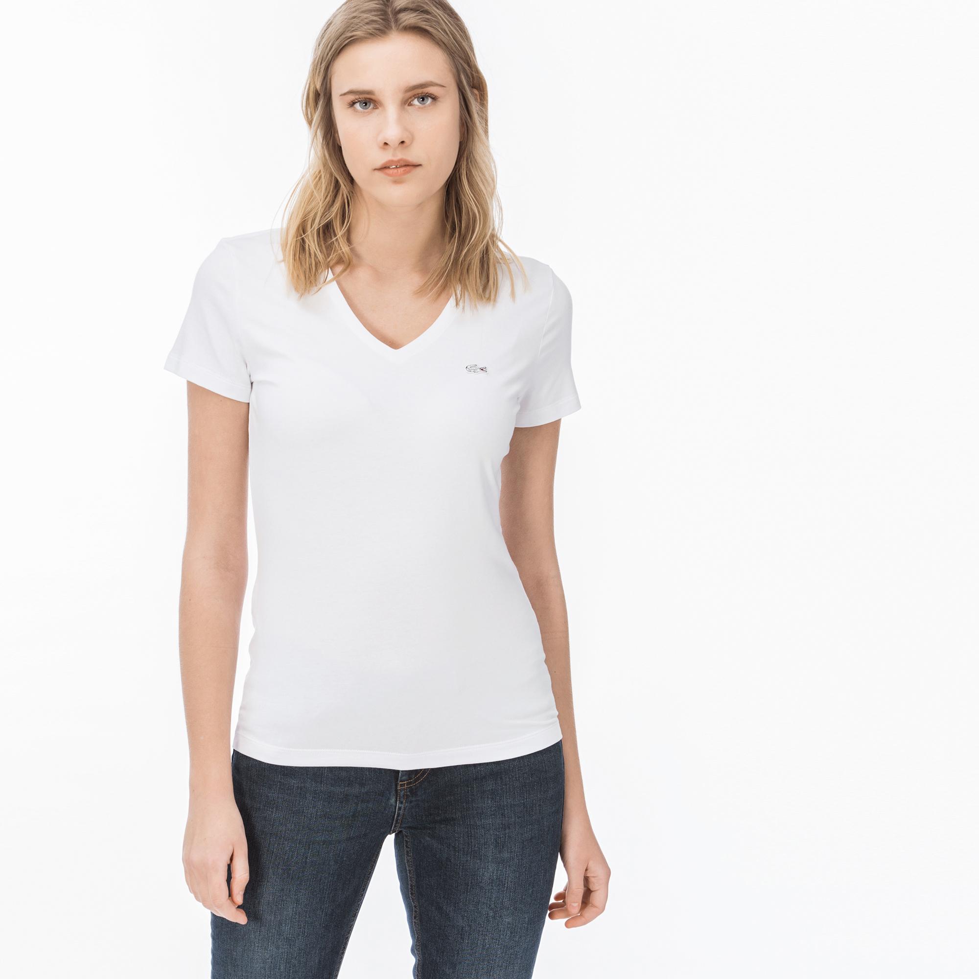 Lacoste Kadın Slim Fit V Yaka Beyaz T-Shirt
