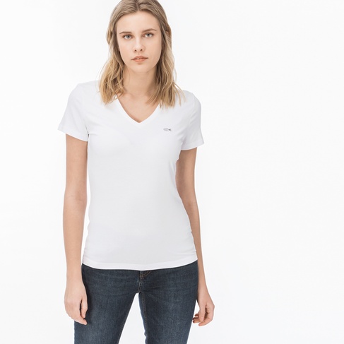 Lacoste Kadın Slim Fit V Yaka Beyaz T-Shirt