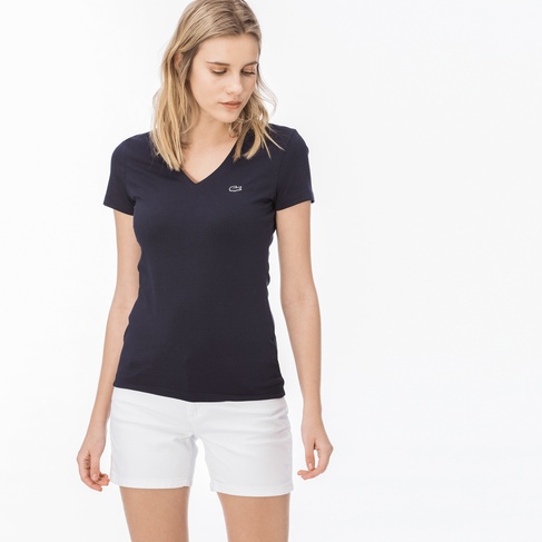  Lacoste Kadın Slim Fit V Yaka Lacivert T-Shirt