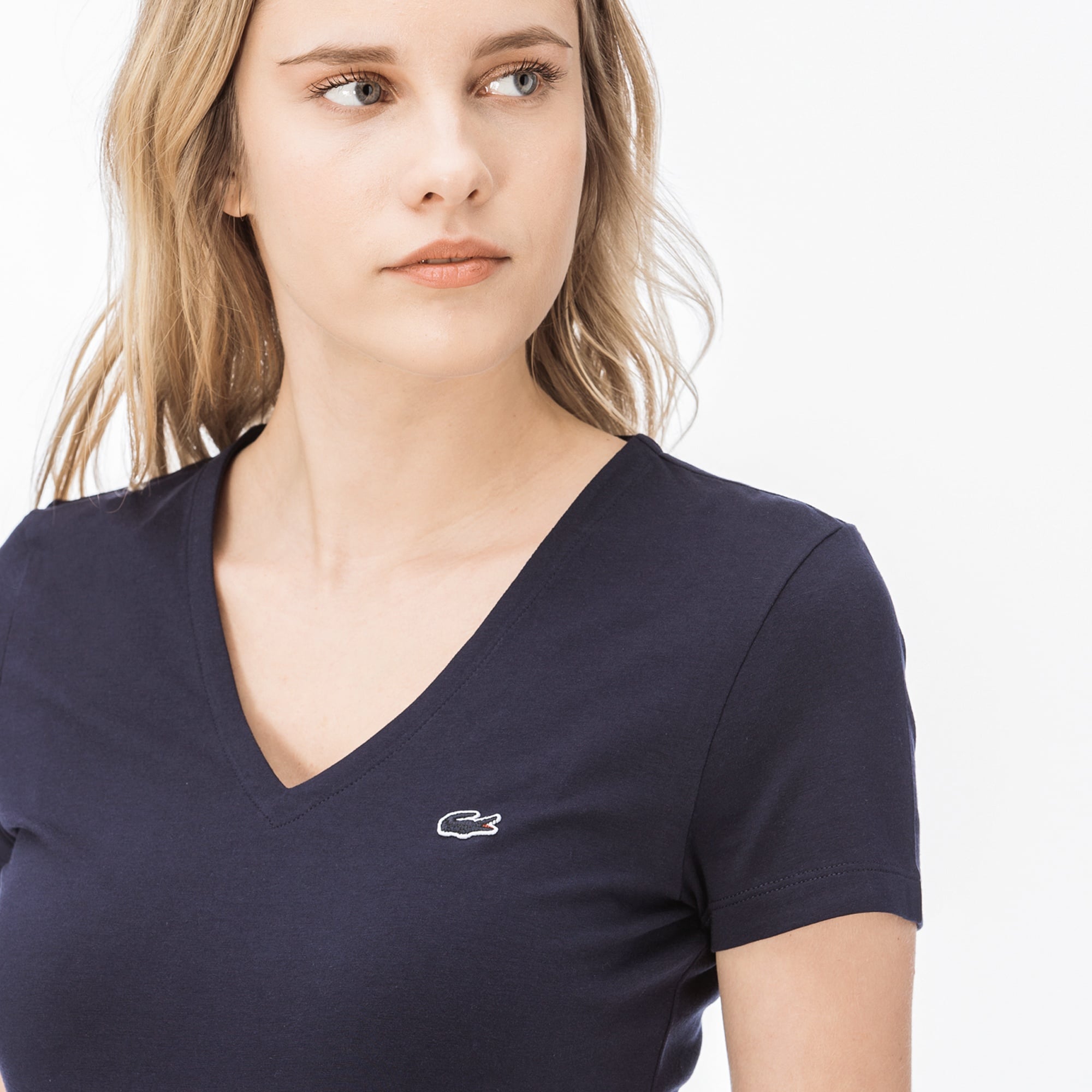 Lacoste Kadın Slim Fit V Yaka Lacivert T-Shirt