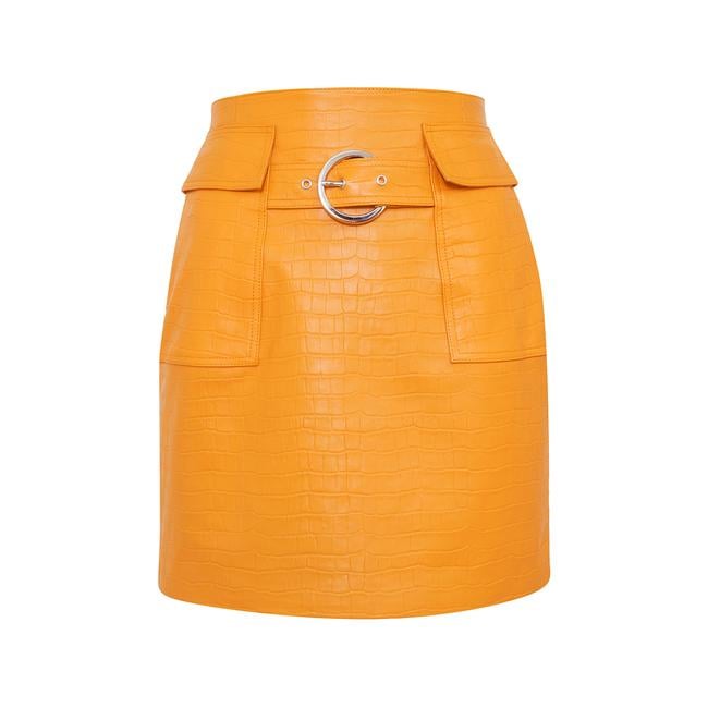  Gulielma Turuncu Kadın Kroko Baskılı Deri Mini Etek
