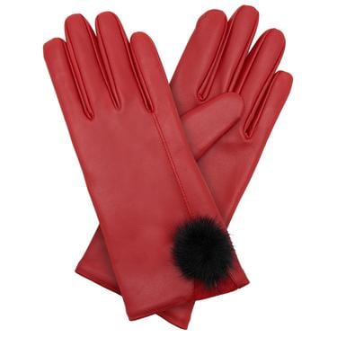  Kırmızı Kadın Kürk Detaylı Deri Eldiven