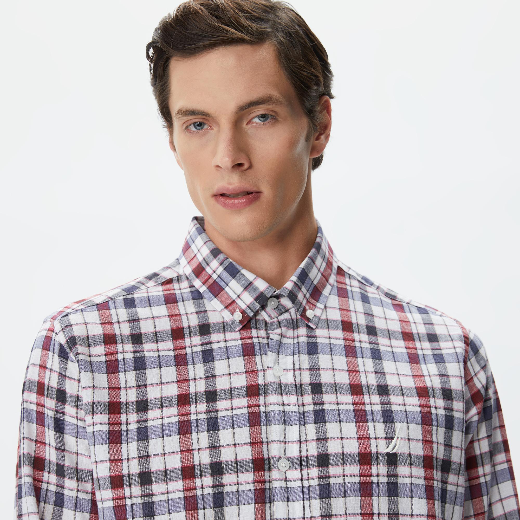 Nautica Erkek Kırık Beyaz Classic Fit Uzun Kollu Ekoseli Gömlek