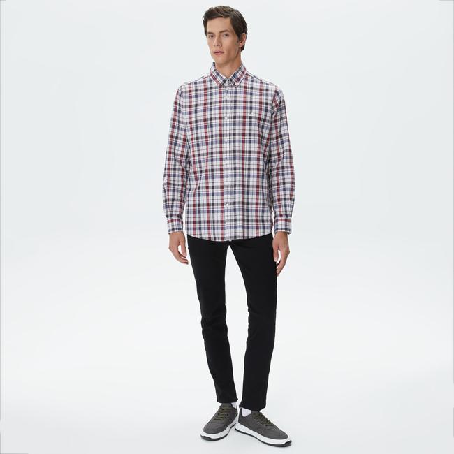  Nautica Erkek Kırık Beyaz Classic Fit Uzun Kollu Ekoseli Gömlek