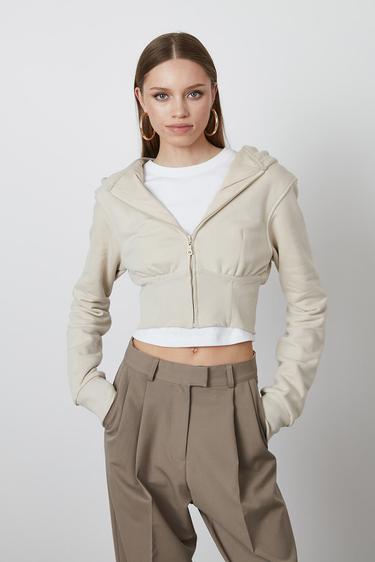  Balenli Kapşonlu Crop Hoodie