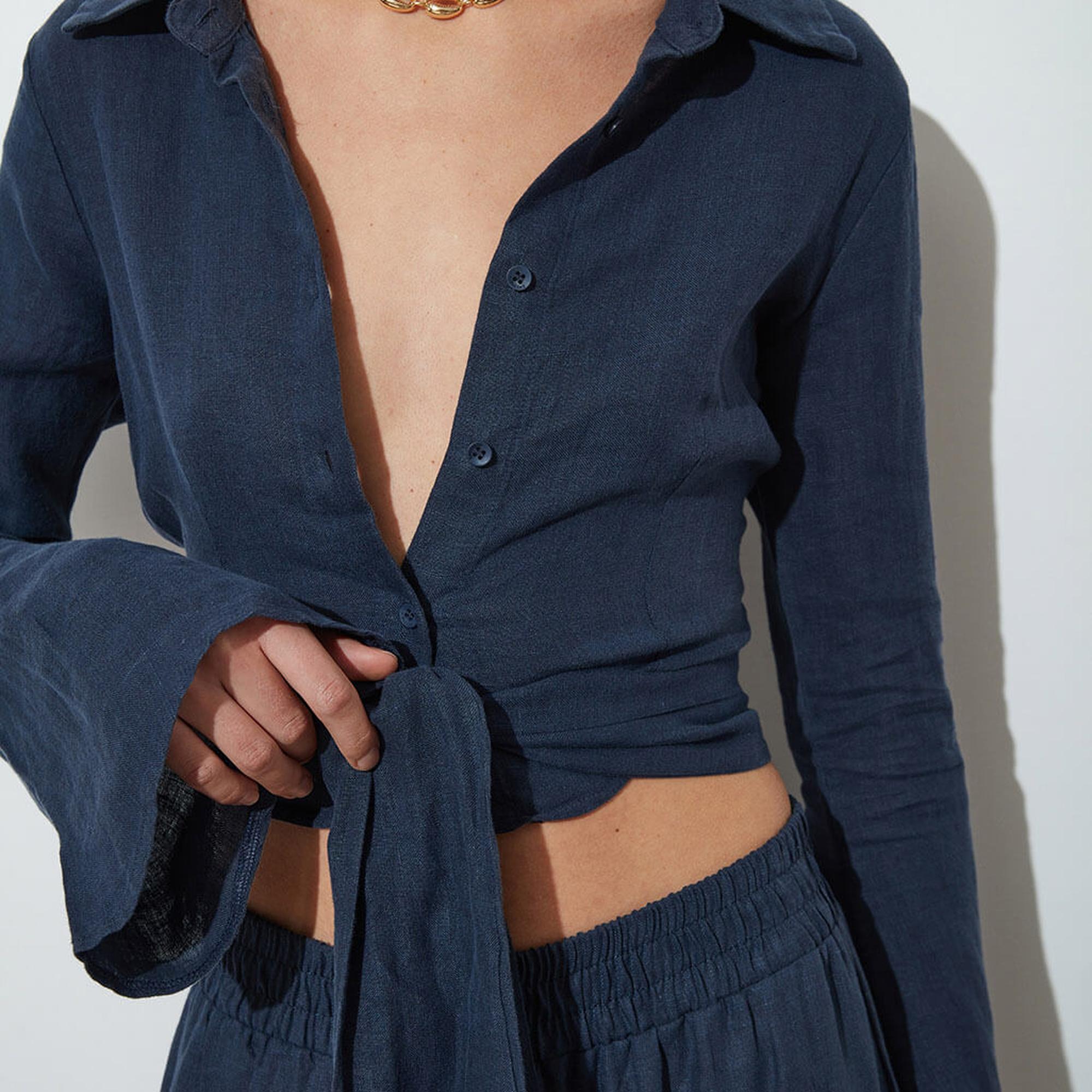 Bağlamalı %100 Keten Gömlek