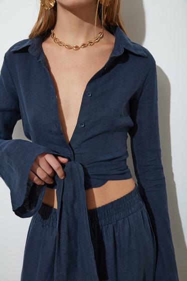  Bağlamalı %100 Keten Gömlek