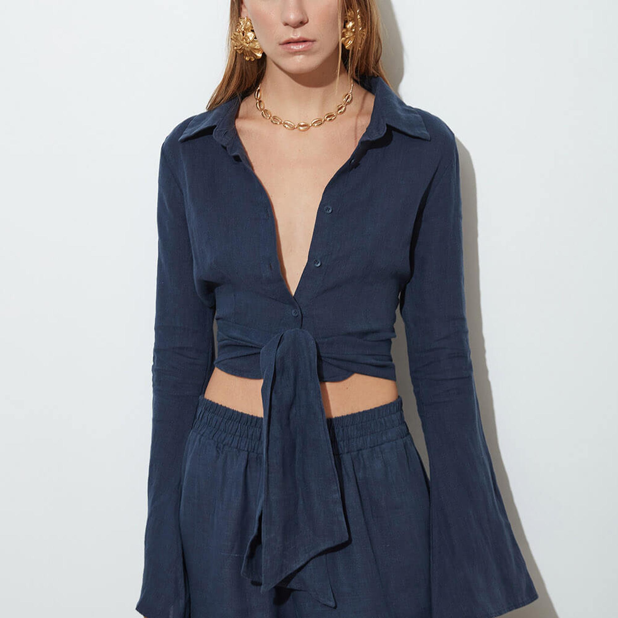 Bağlamalı %100 Keten Gömlek