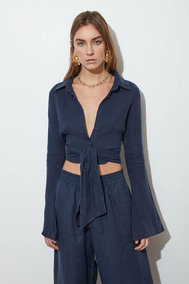  Bağlamalı %100 Keten Gömlek