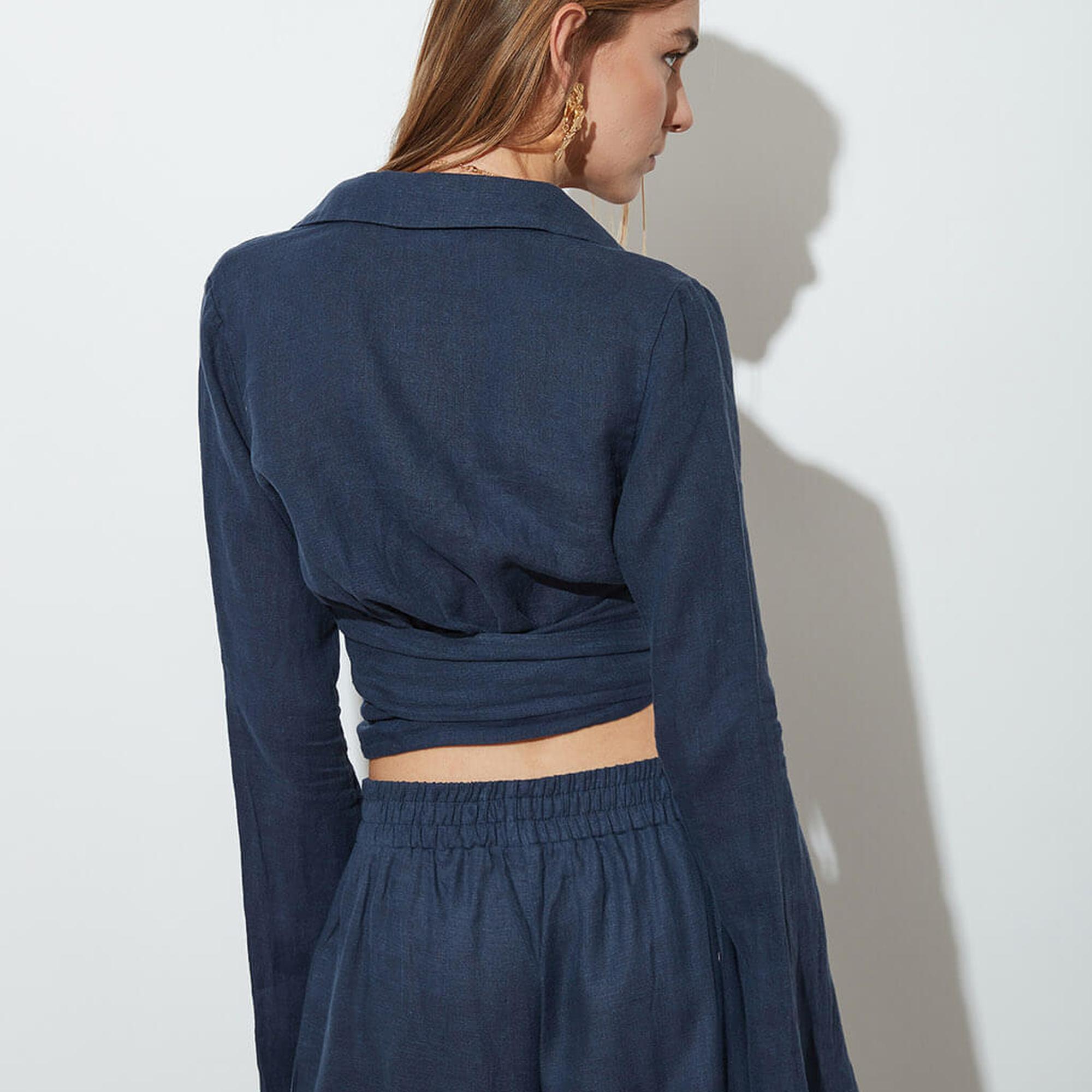 Bağlamalı %100 Keten Gömlek