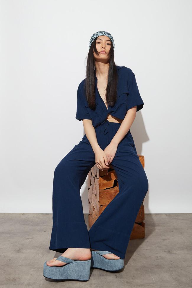  Keten Burgulu Kısa Kollu Gömlek