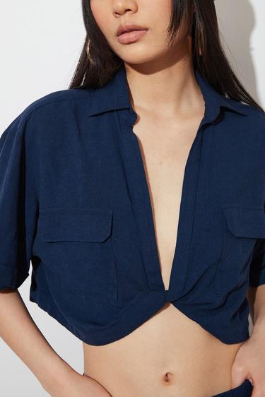  Keten Burgulu Kısa Kollu Gömlek