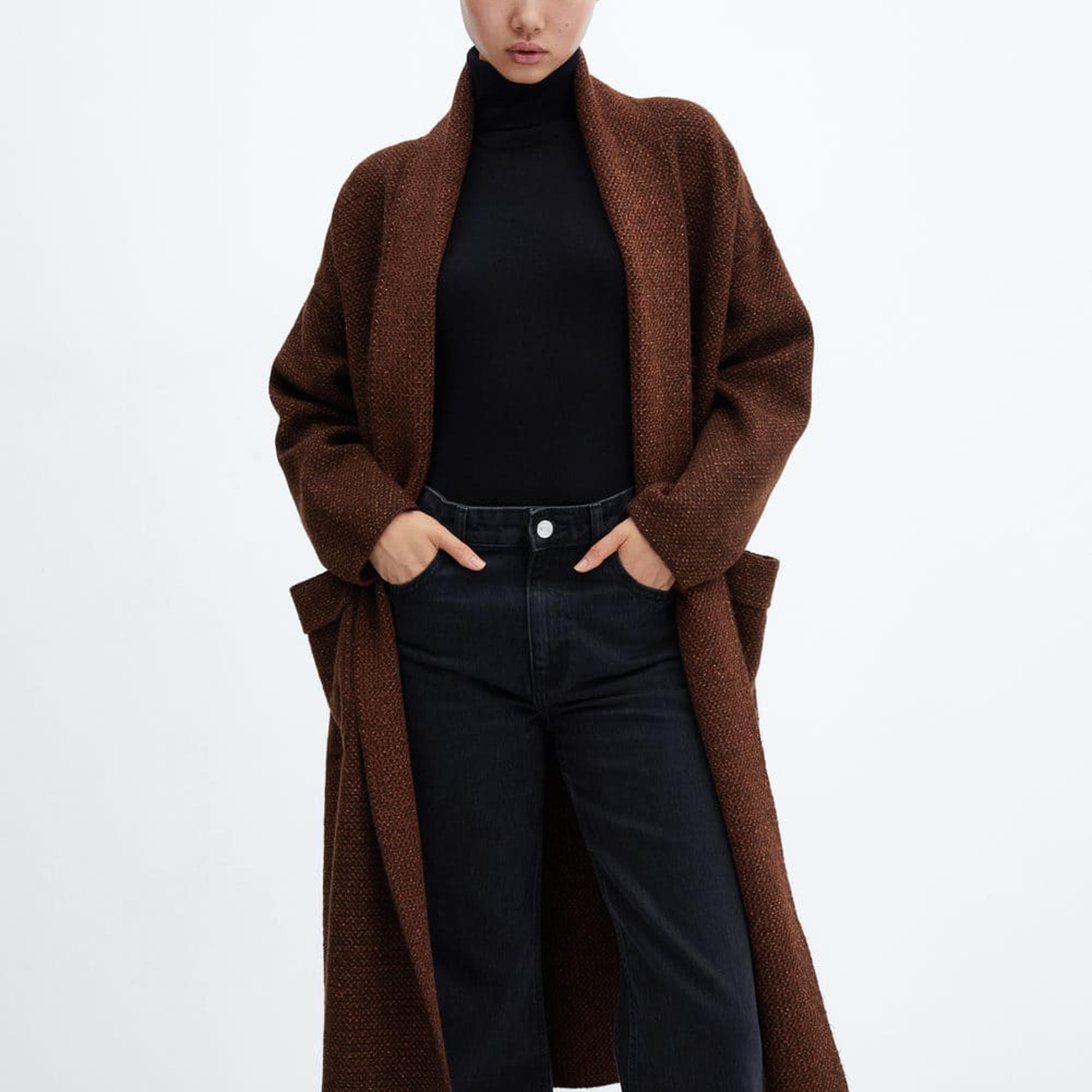 Mango Kadın Cepli Oversize Triko Palto Kahverengi